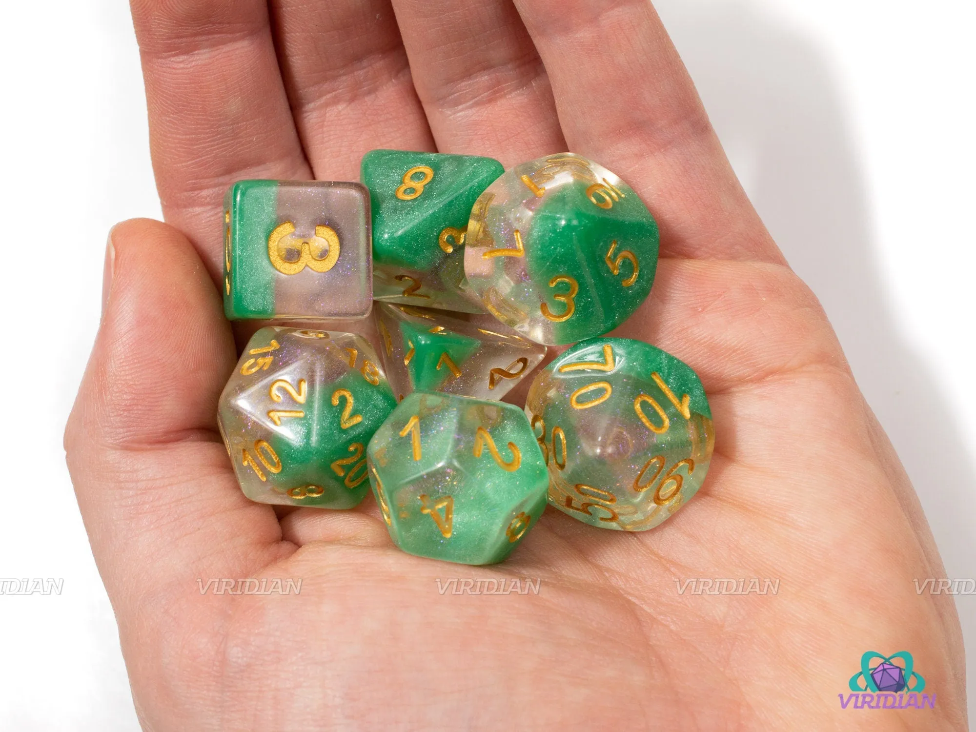 Dew Dream | Green Layer Glitter Transparent Acrylic Dice Set (7) | Dungeons and Dragons (DnD)