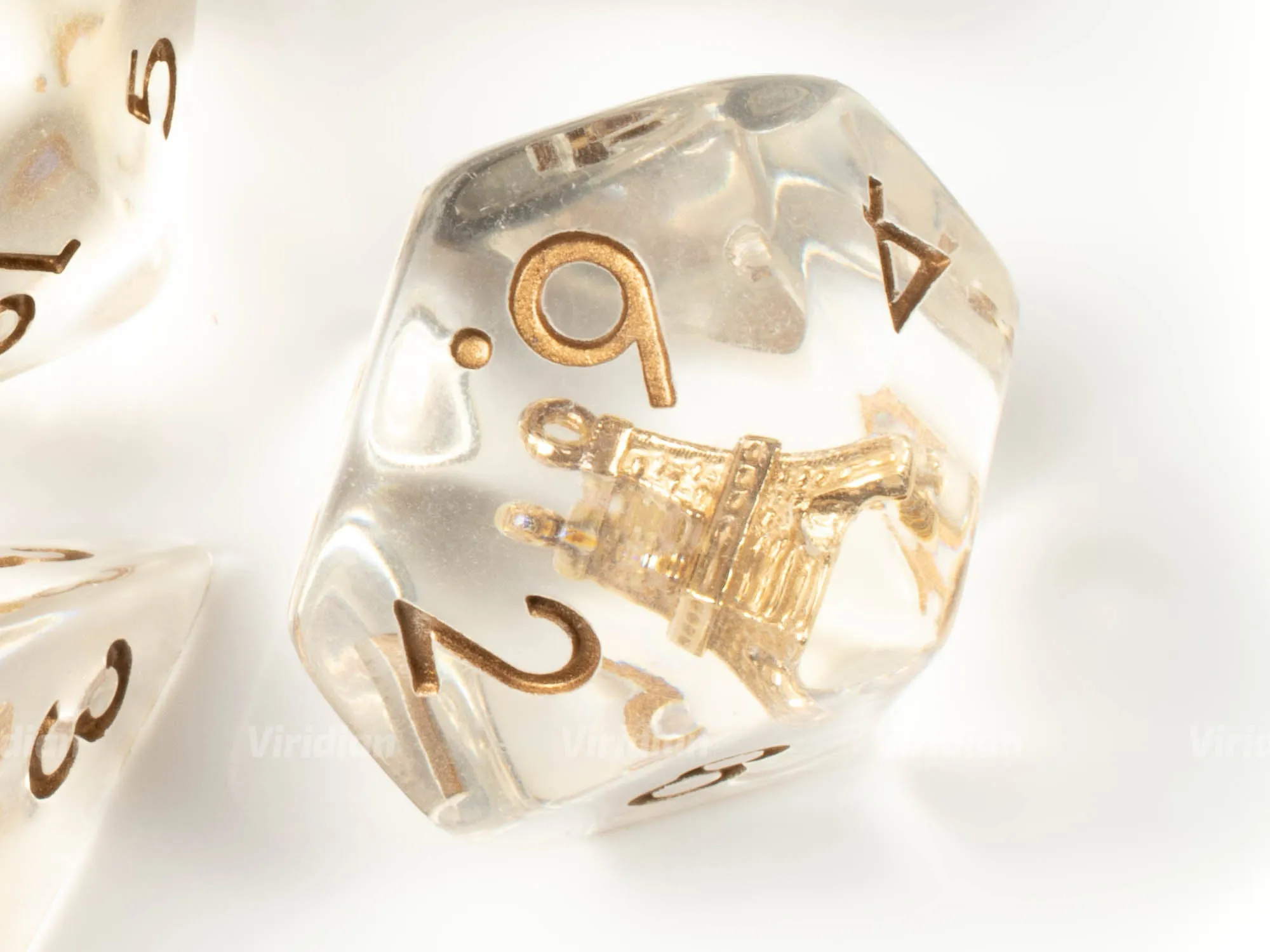 Eiffel Tower | Metal Charm Inside Clear Resin Dice Set (7) | Dungeons and Dragons (DnD)