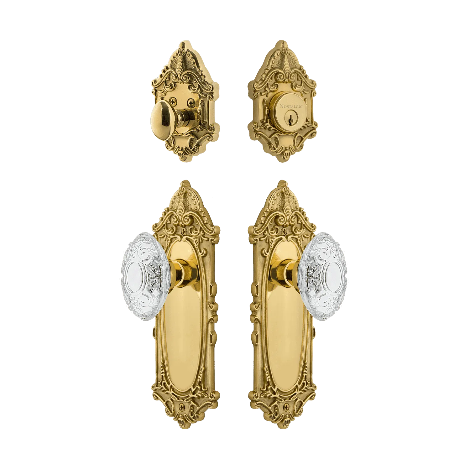 Victorian Entry Set with Crystal Victorian Knob in Unlacquered Brass